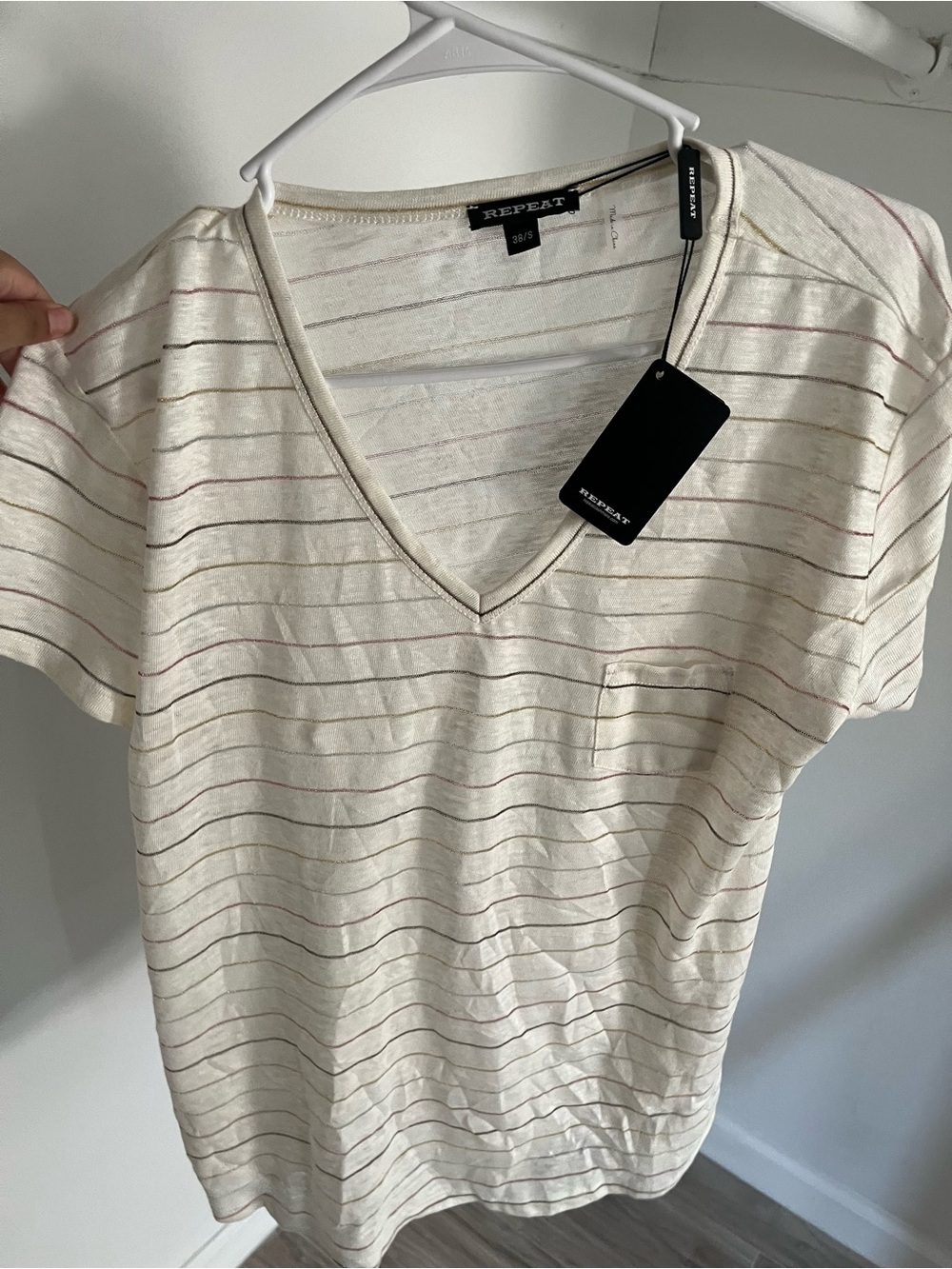 Repeat Cream V-Neck Short Sleeve Striped Blouse
